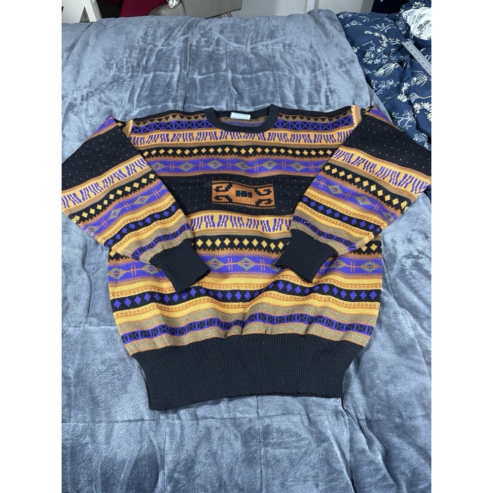 Meister Large Ski Sweater Vintage Wool Blend‎ Crewneck geometric Neon Aztec SZ L